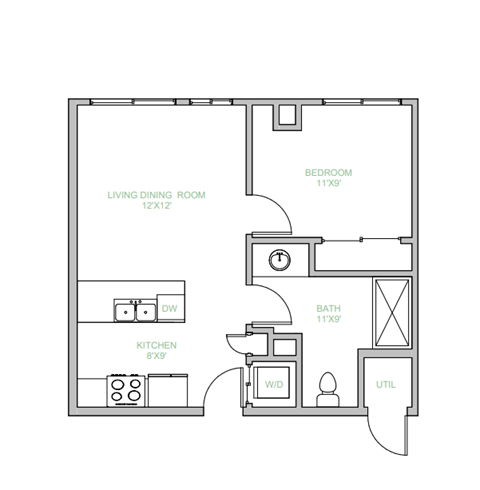 Floor plan for 1 bed, 1 bath, 726 sqft